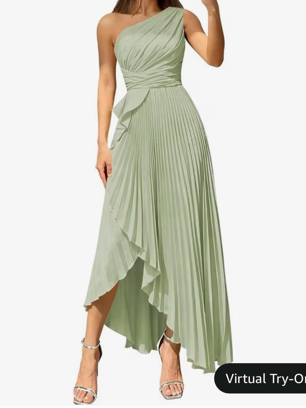 Amazon One-Shoulder Light Sage Pleated Asymmetric Midi Dress